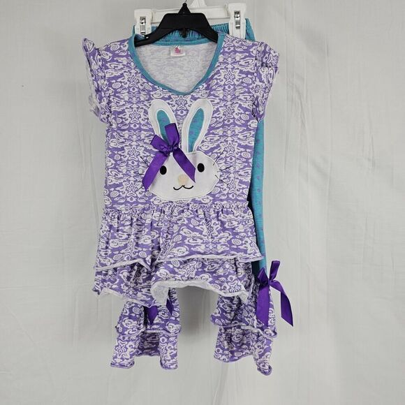 Conice Nini Other - Conice Nini Purple Turquoise Easter Bunny Printed Outfit Ruffle Pants Fits Sz 5